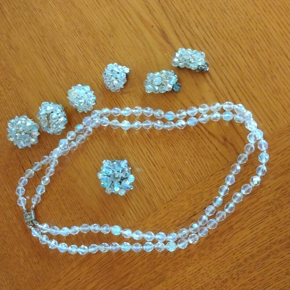 Double Strand AB Clear Bead Necklace, Brooch and Assorted Earrings - Picture 1 of 11